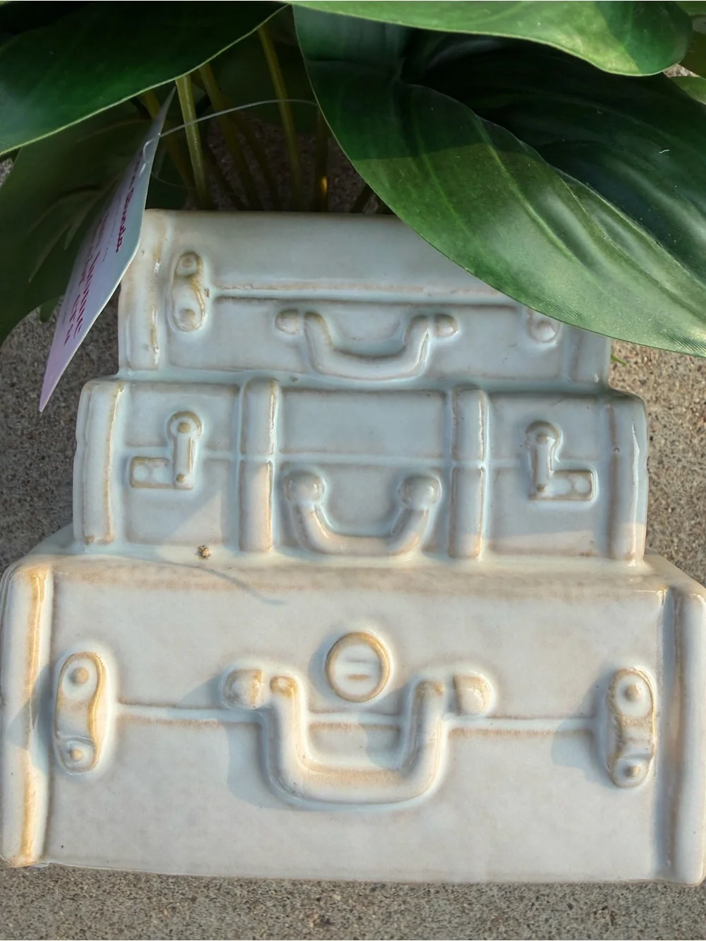 Light Beige Ceramic Stacked Suitcases Planter with Faux Plant NWT